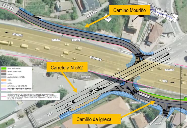 Detalle de la planta de actuación: reordenación de las intersecciones de Camiño Mouriño y Camiño da Igrexa con la carretera N-552 en el entorno del PK 150+500 de la AP-9. - Ministerio de Transportes, Movilidad y Agenda Urbana.