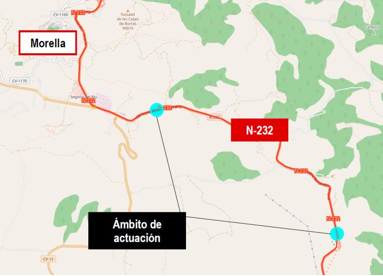 Imagen noticia: Plano de la zona de acondicionamiento de la N-232 entre Masía de la Torreta y Morella - Ministerio de Transportes, Movilidad y Agenda Urbana.