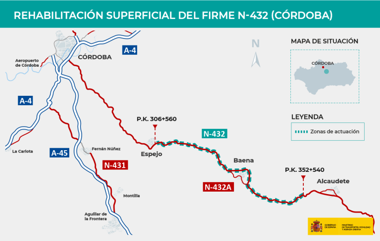 Imagen noticia: Mapa rehabilitación superficial del firme N-432 (Córdoba) - Ministerio de Transportes, Movilidad y Agenda Urbana.