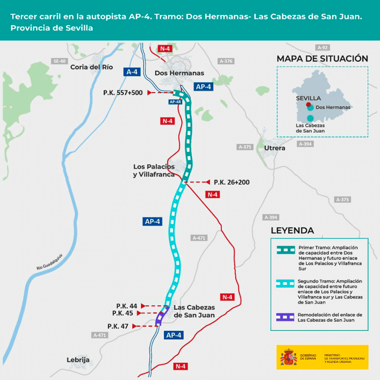 Imagen noticia: Mapa del proyecto del tercer carril en la autopista AP-4 entre Dos Hermanas y Las Cabezas de San Juan 