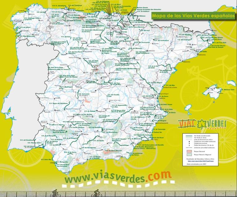 Imagen noticia: Mapa del folleto de las Vías Verdes españolas elaborado por el IGN - Ministerio de Transportes, Movilidad y Agenda Urbana.
